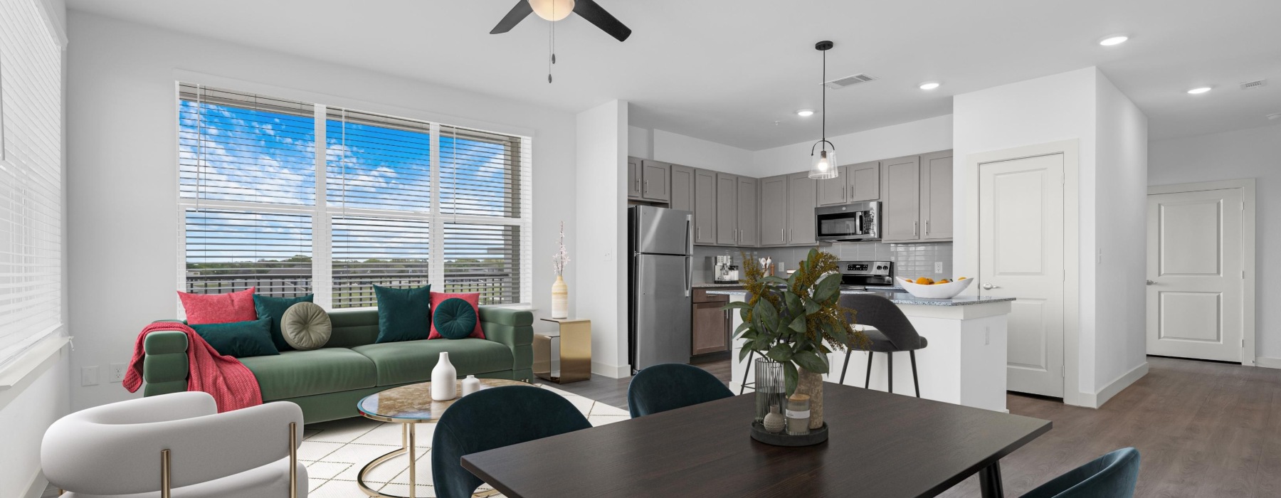 living room with spacious areas, ample space for seating and easy connection to kitchen